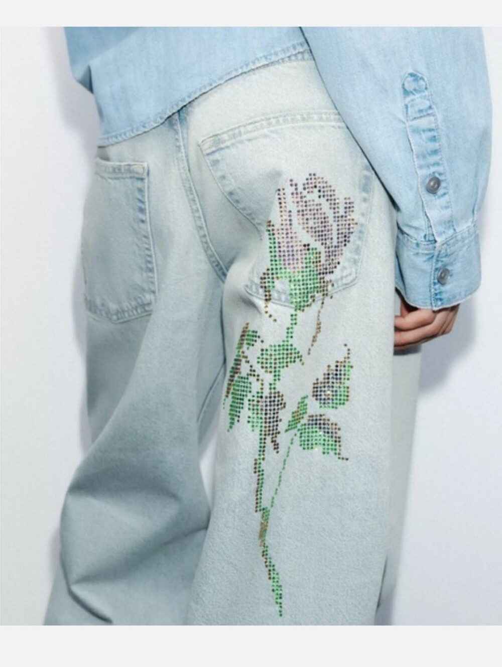 NWT ZARA MINI BALLOON FLORAL Rhinestone Jeans-SIZE 0 - Picture 4 of 9